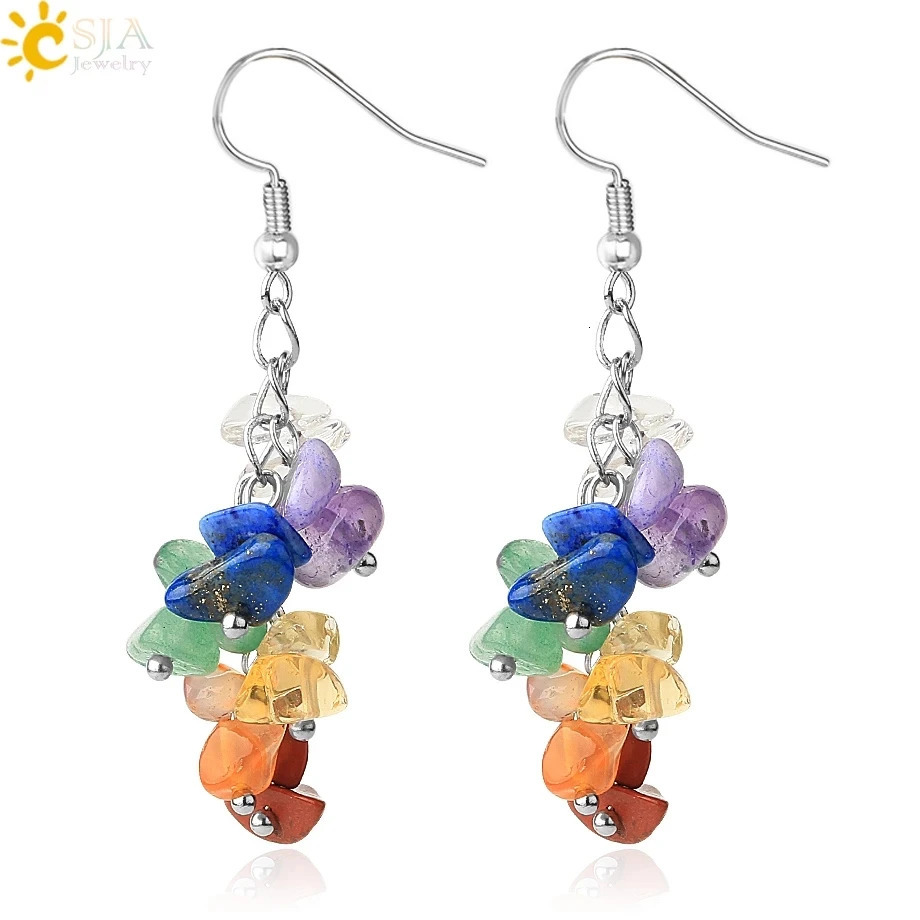 CSJA Natural Stone Jewelry Set suitable for women 7 chakras chip beads healing bracelet ring necklace earrings spiritual jewelry G693 241031