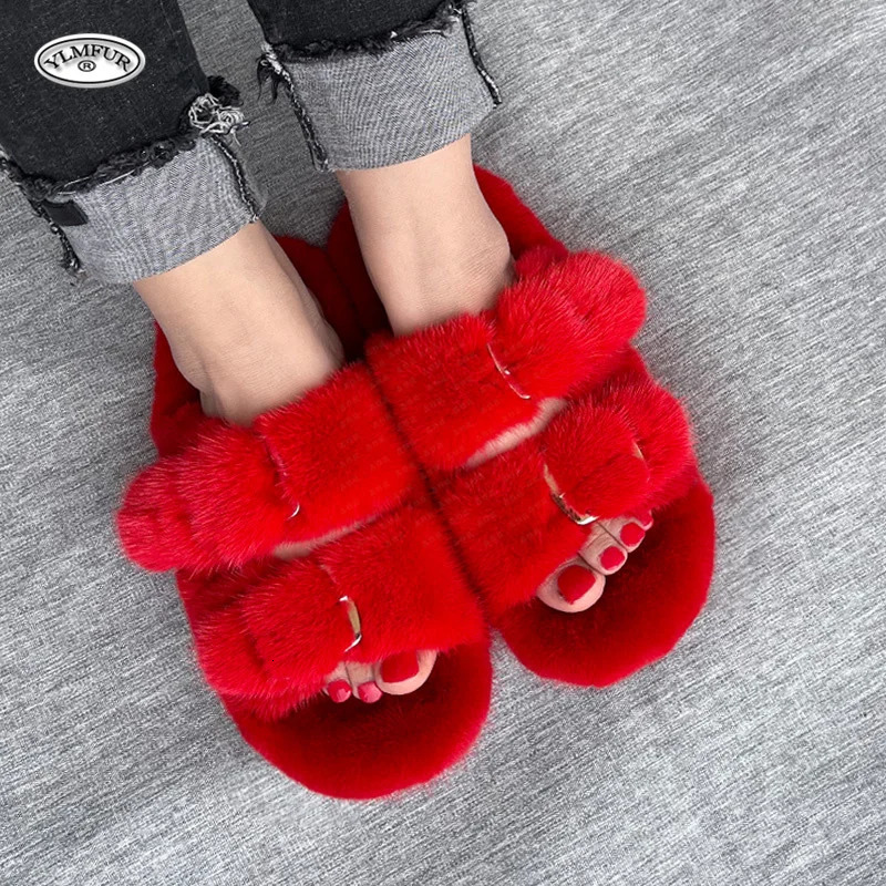 Summer womens slippers 100% mink fur womens slippers flat shoes soft and comfortable ious fur slippers sandals 241031