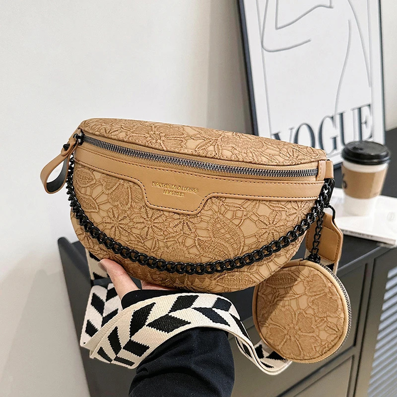 Chain Waist Bag For Women er Jacquard Embroidered Shoulder Handbag Pu Leather Belt Bag Wide Strap Crossbody Chest Bag Sac 241031