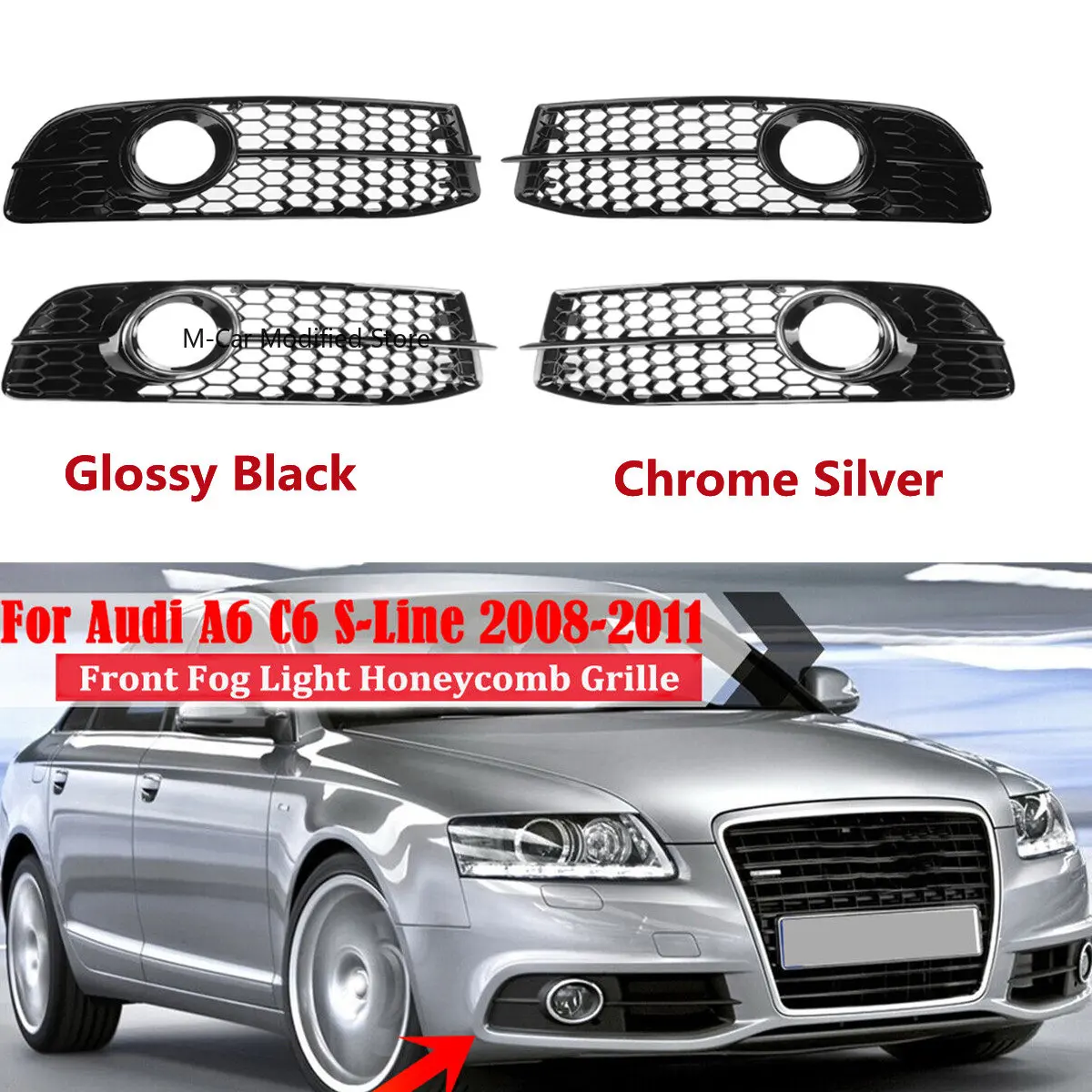 For Audi A6 C6 S-line S-Facelifted 2008-2011 Front Bumper Fog Light Lamp Grille Cover Honeycomb 4F0807681Q01C