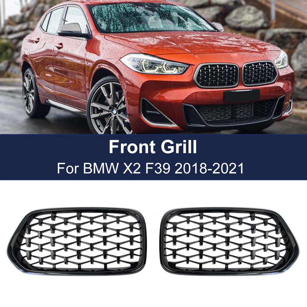1 Pair Left Right Front Diamond Kidney Grill Racing Grilles Gloss Black For BMW X2 F39 2018 2019 2020 2021 Meteor Style