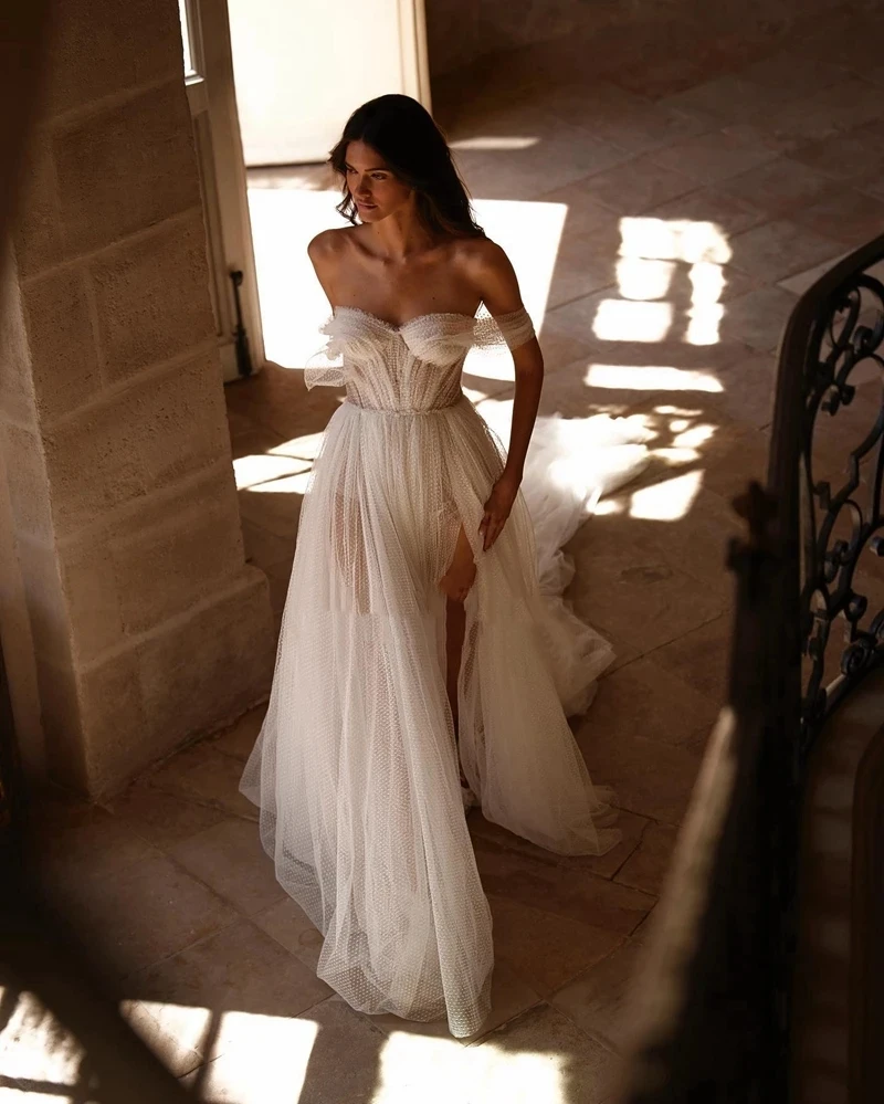 Simple Tulle Wedding Dresses For Women 2024 Sweetheart Bridal Gowns Off The Shoulder Sexy Robes Side Slit Vestidos De Novia 2023