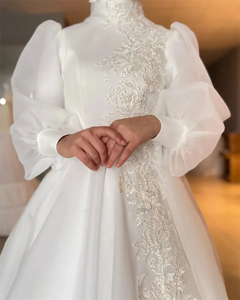 Modest Muslim Wedding Dresses Long Sleeves High Neck Lace Appliques Ivory Organza Bridal Gown Arabic Islamic A Line Court Trian Vestido De Novia Custo
