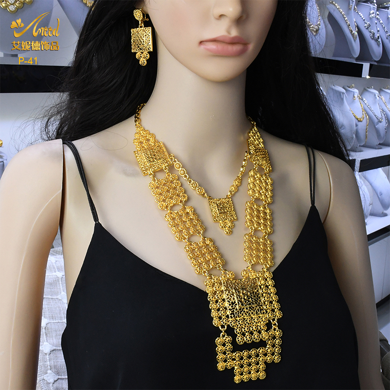 ANIID African 24K Gold Color Jewelry Sets Wedding Dubai Necklace Earrings For Women Nigerian Indian Bridal 2PCS Set Party Gifts