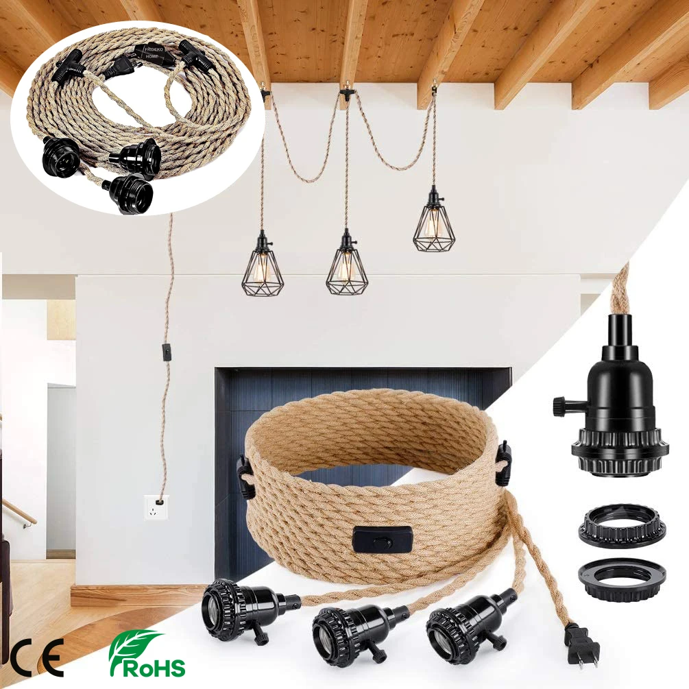 6.8M 3 Heads Vintage Style Hemp Rope Pendant Light Cord Kits US EU Plug Switch E26 E27 Lamp Holder for Simple Hanging Lamp Decor