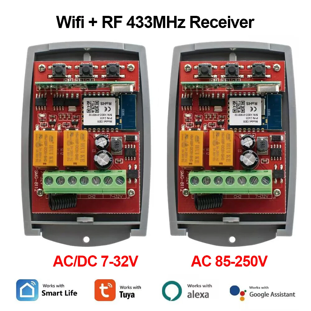 Universal 433MHz Fixed Rolling Code Receiver 2CH WIFI Smart Garage Door Opener 433.92 Gate Controller Tuya App Remote Control