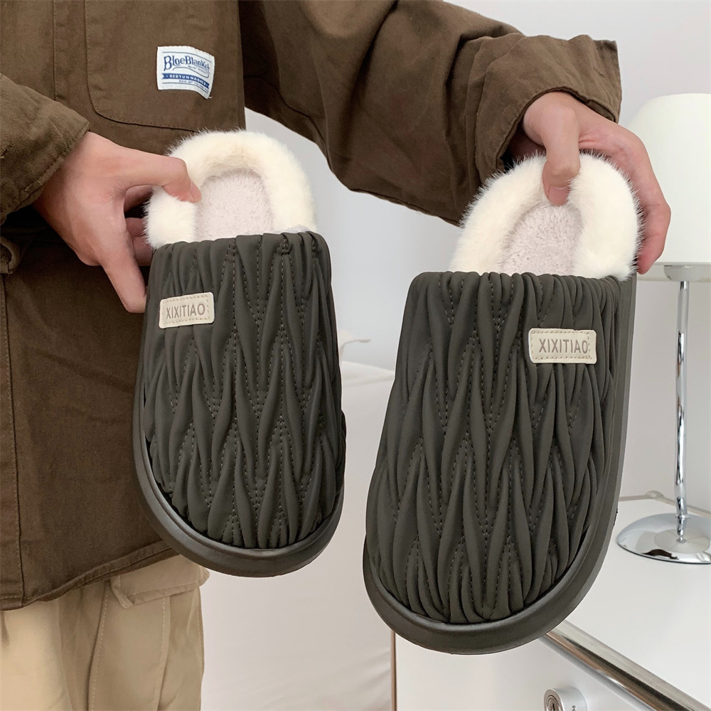Men's winter toe pack Warm cotton slippers Fashion pleated soft sole slip men's indoor floor flat home non-slip shoes