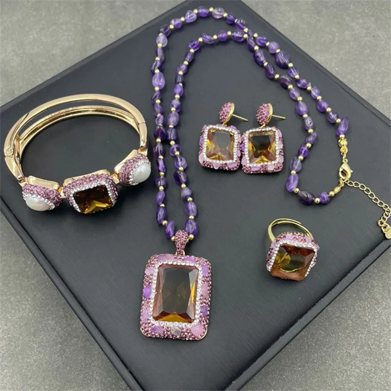 Large Zultanite freshwater pearl jewelry Sudanese diaspora stone color change womens tourmaline quartz necklace earrings jewelry 241031