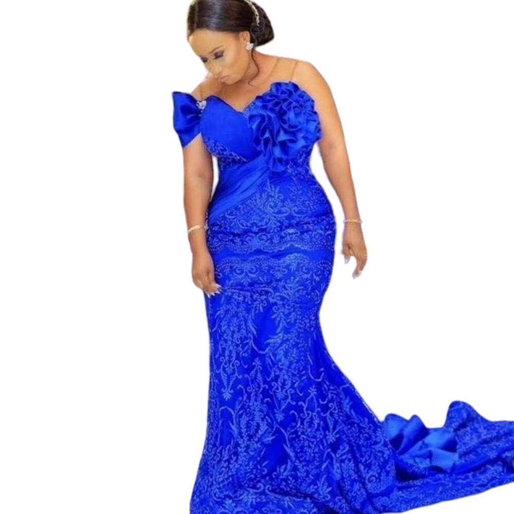 Blue Sexy Royal Mermaid Evening Dresses Illusion Appliques Lace Crystal Beaded Short Sleeves Sweep Train Custom Prom Party Gowns Elegant Lz0304