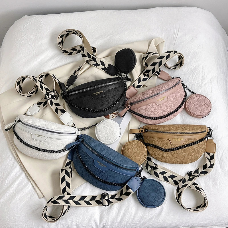 Chain Waist Bag For Women er Jacquard Embroidered Shoulder Handbag Pu Leather Belt Bag Wide Strap Crossbody Chest Bag Sac 241031