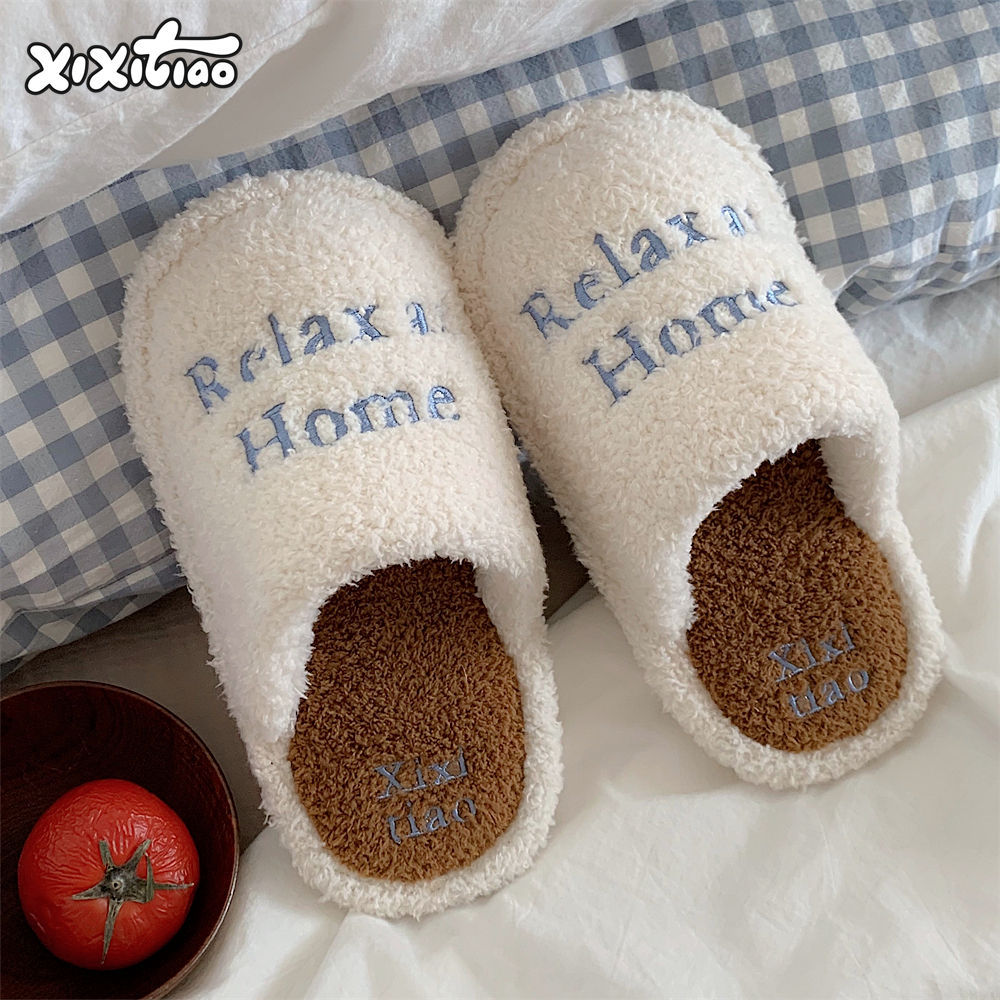 Simple creative letters Flat cotton slippers for Women Girls Ladies Fall/Winter Warm fur slide Furry plush mule Luxury women's shoes Flat slipper