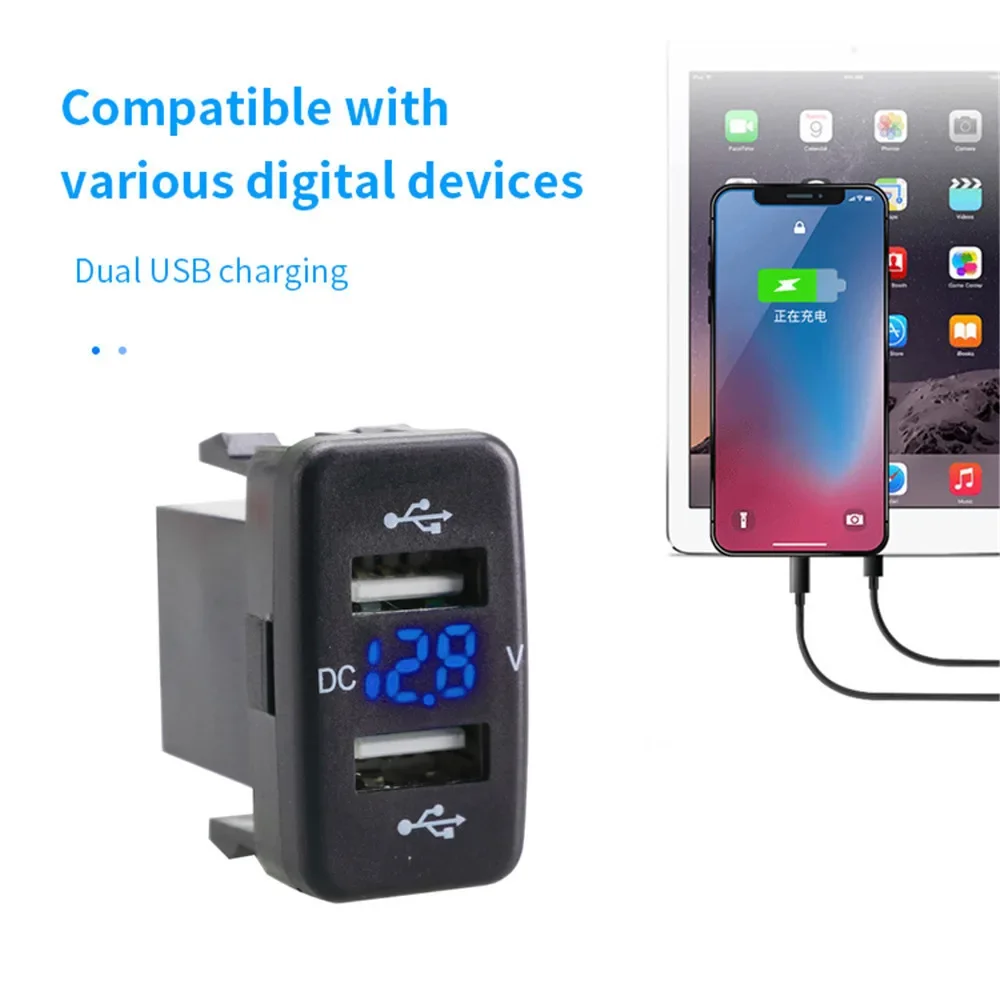 12V-24V Car Charger Socket Adapter Dual USB Ports Fast Charger Socket with Voltage Display for Toyota Auto Accessories 40X22mm