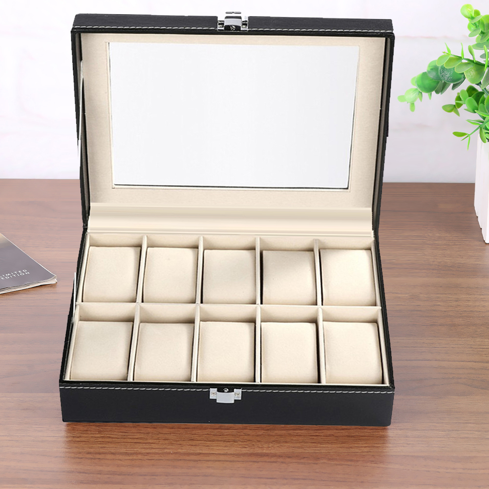 Portable 10 Slots Watch Box Jewelry Bracelet Case Artificial Leather Alloy Composite Board Organizer Rings Display Holder