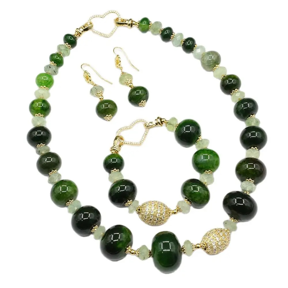 Guai Jewelry Natural Green Prehnite Jade Polishing Raw Agate Smooth Rondelle CZ Bead Necklace Bracelet Earring Set 241031