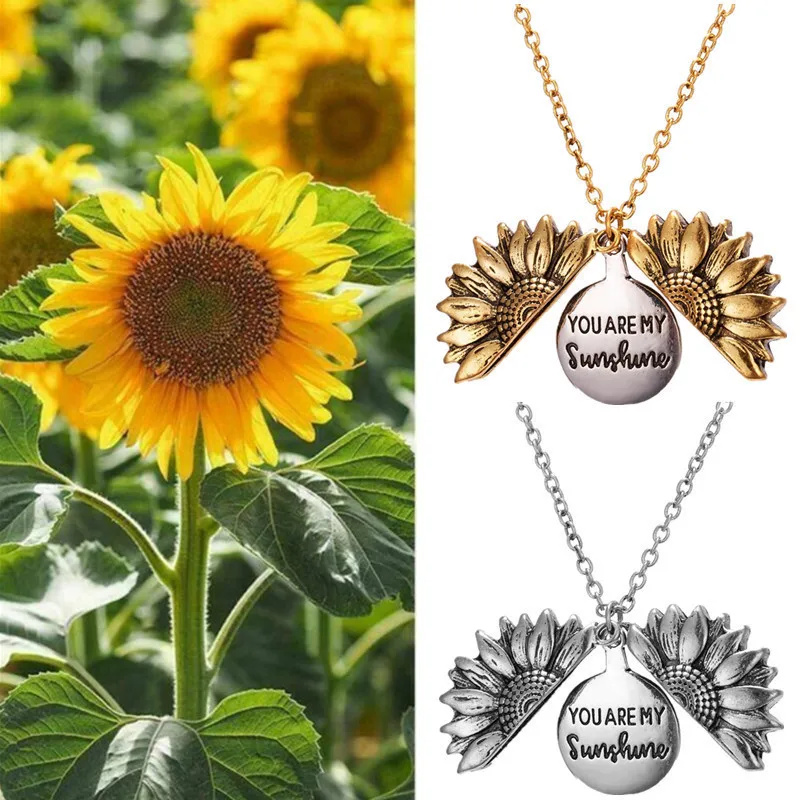 New European and American Sunflower Necklace Opening Alloy Pendant Engraving YOUARE MY SUNSHINE