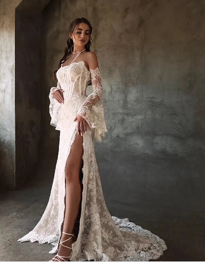 Strapless Beach Lace Mermaid Wedding Dresses Side Split Corset Bohemian Bridal Gown With Detachable Long Sleeves Ivory With Champagne Vestido De Novia