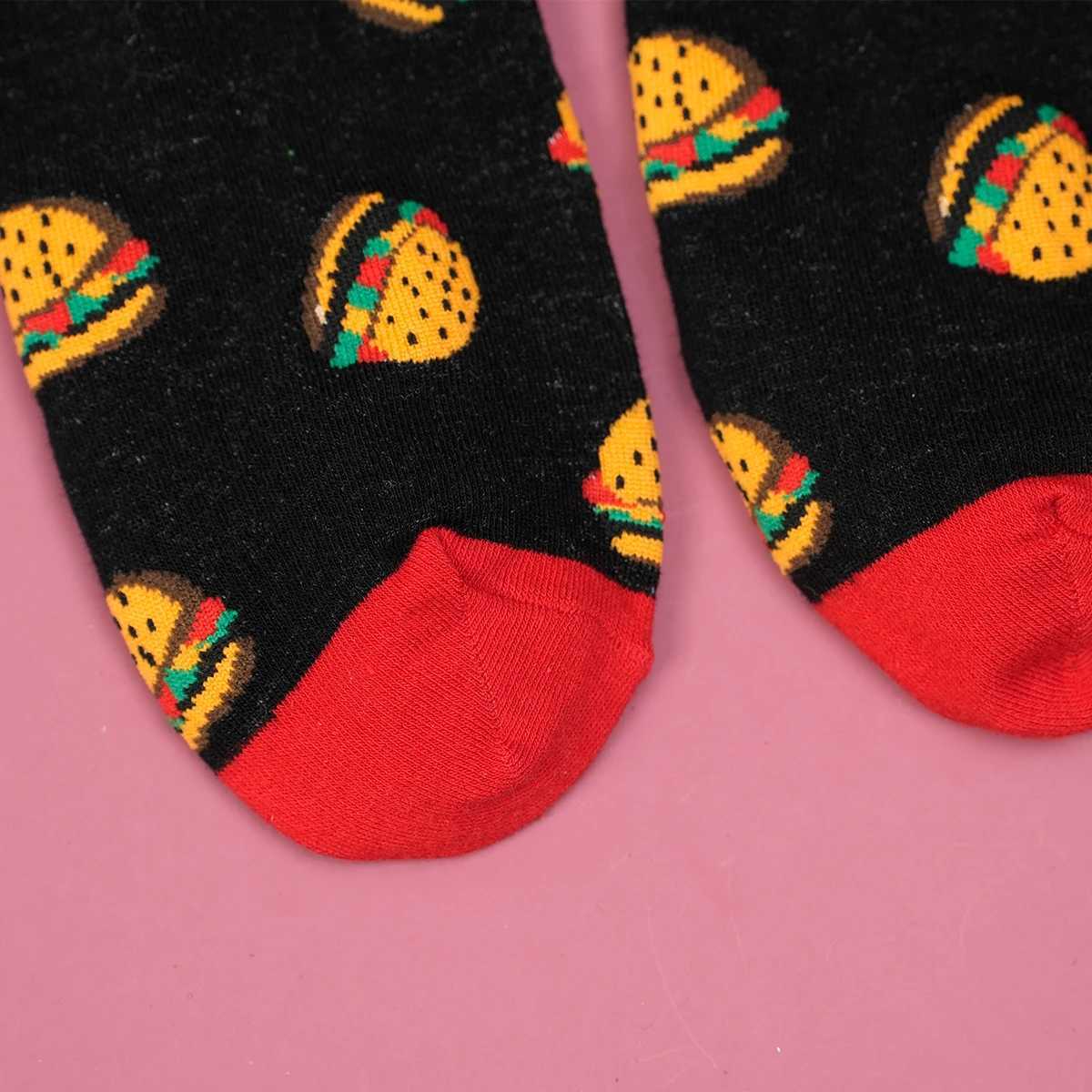 1 Pair Hamburger Printed Novelty Breathable Mid Tube Mens and Womens Suit In All Seasons For Daily LX241102