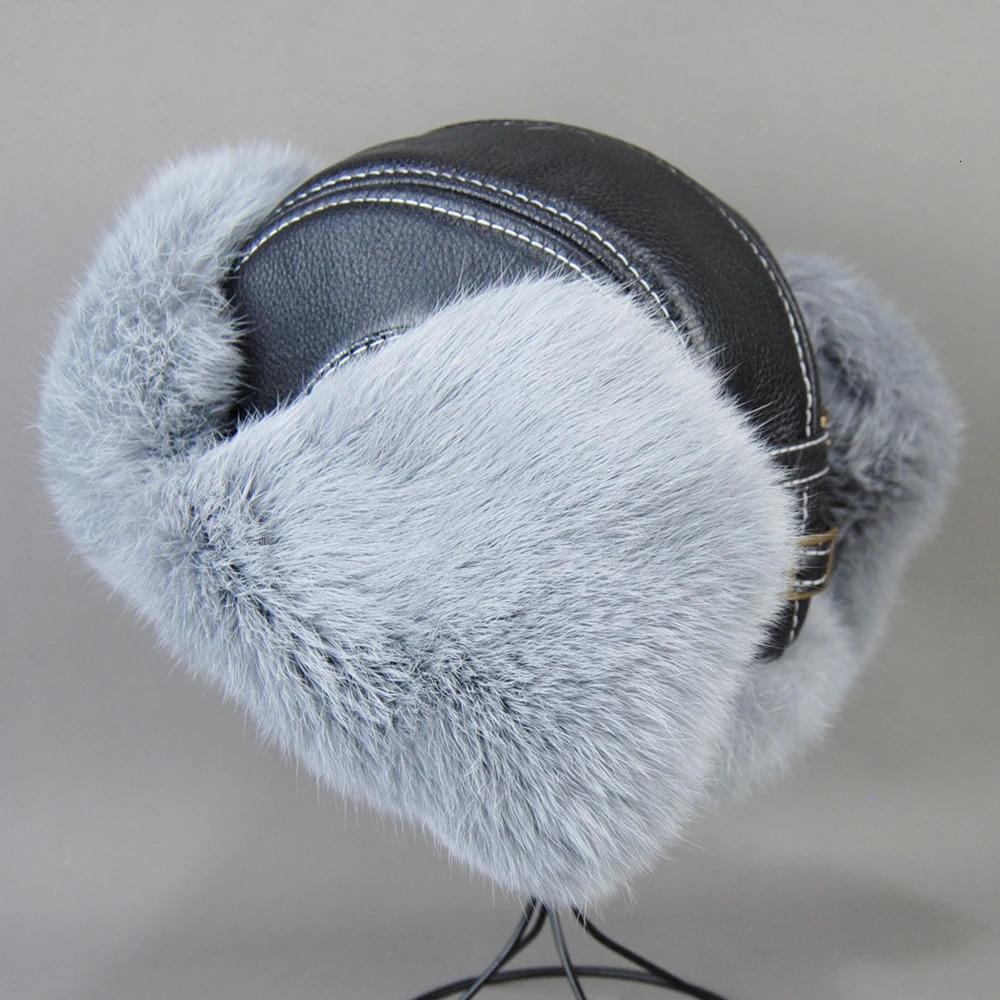 Mens 100% Natural Rabbit Fur Bomber Hat Winter Russian Mens Warm Genuine Sheepskin Hat 241031