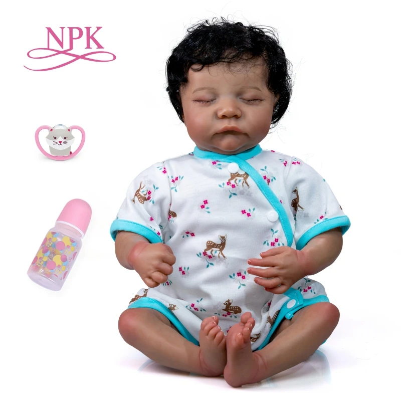 NPK 50CM Soft Body Flexible Reborn Baby Handmade Levi Black Skin African American Baby Handrooted Hair with Bottle and Pacifier