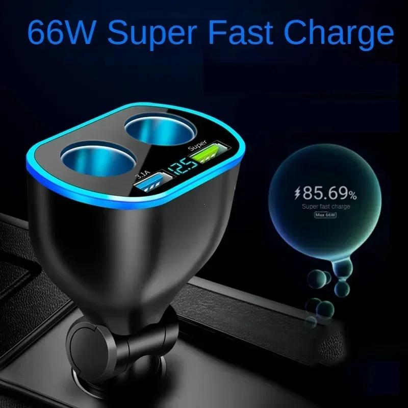 12V/24V 66W Sockets Cigarette Lighter Car Charger Splitter Adapter Multi Power Outlet LED Voltage Display Dual USB Port QC3.0