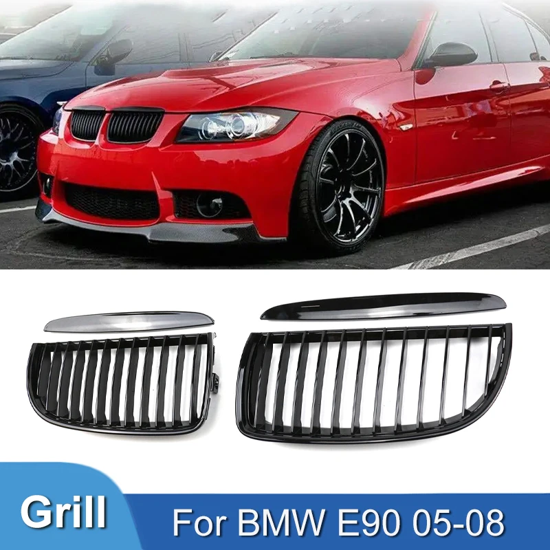 Pulleco For BMW 3 Series E90 E91 323I 328I 335I 330I 325I Car Front Grille Racing Grill Single 2005-2008 Gloss Black Grille