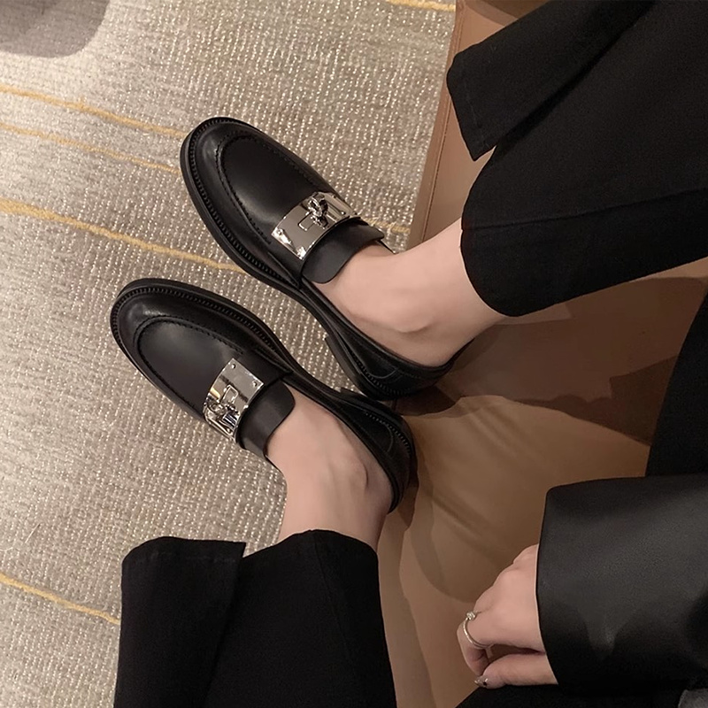 Silver Lock Buckle Thick Bottom Black Leather Shoes 2023 Round Toe Thick Heel Oxford Loafers Platform British Shoes for Women