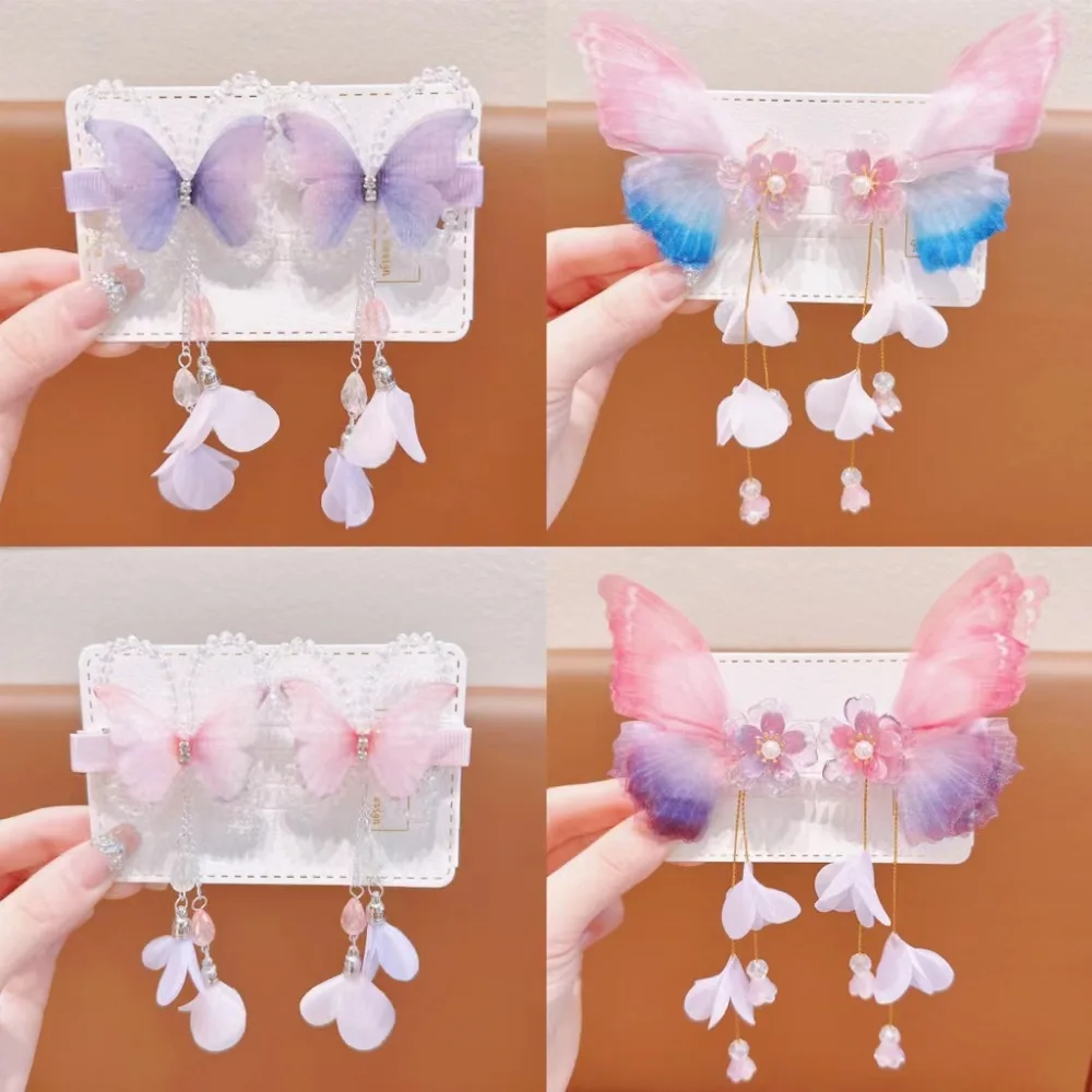 Children's Cute Tulle Butterfly Tassel Hairpins Pearl Handmade Hair Clip Small Fresh Fairy Side Barrettes Antique Headwear