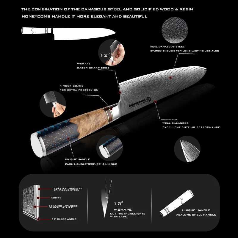 Damascus Knife Set AUS10 Japanese Steel Chef Kitchen Knife Santoku Paring Toast Knife Butcher Tool Honeycomb Handle New X241102