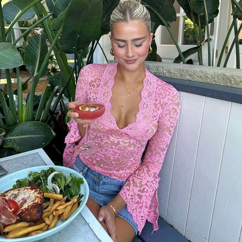 Designer style sexy deep V-lace women's solid color transparent trumpet long sleeved pullover street hollow slim fit top party set