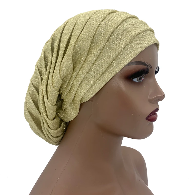Muslim Headscarf Hat Turbante Mujer African Headpiece Glitter Full Body Pleated Turban Cap for Women 2023 Lady Head Wraps