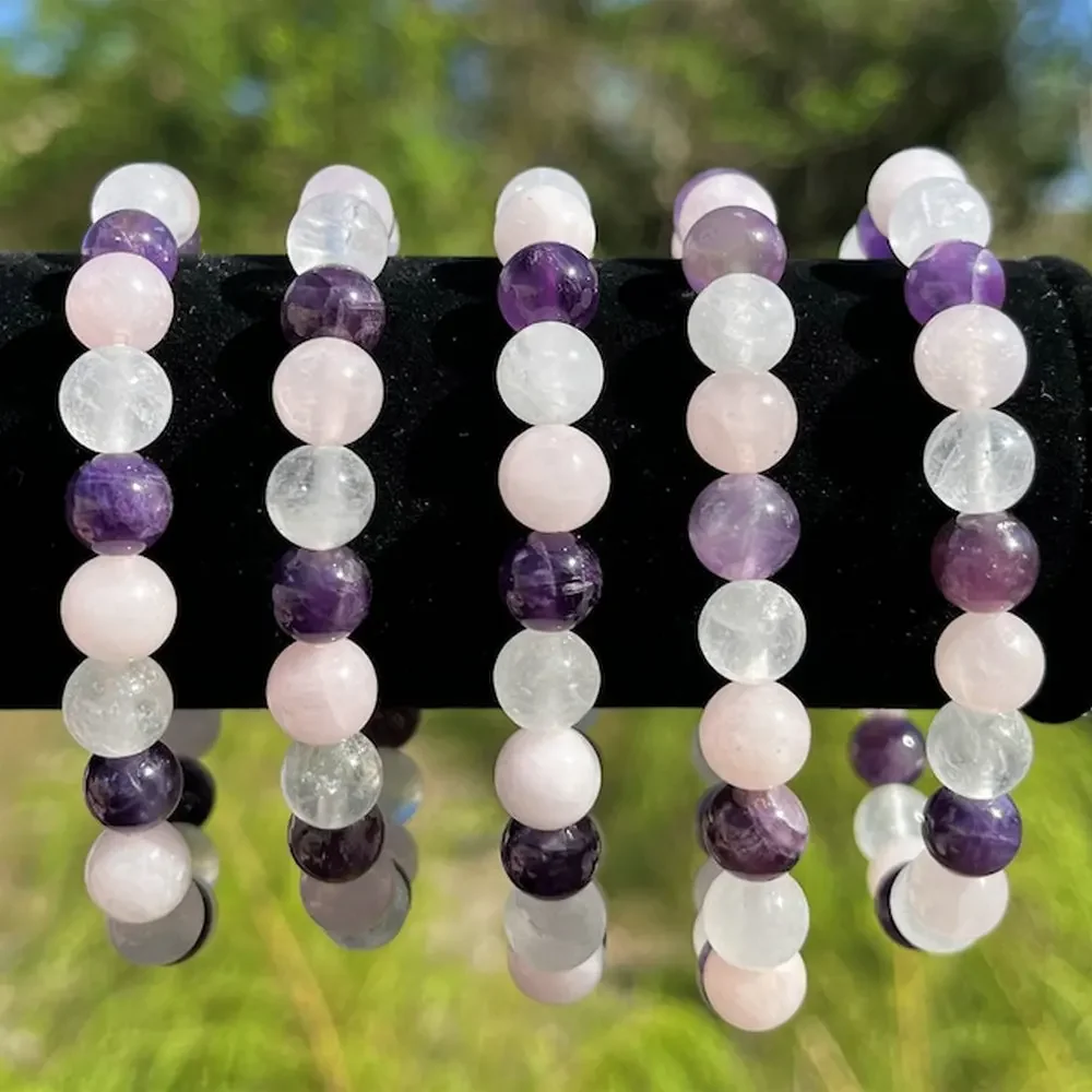 Crystal Healing Bracelet Amethyst Clear Quartz Rose Quartz 8 mm Round Healing Crystals (Stretch Bracelet, Gemstone Bracelet)