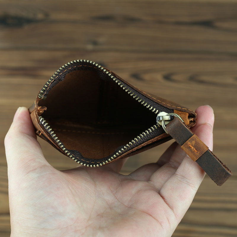 Vintage Crazy Horse Leather Men Coin Purse Retro Key Holder Small Money Bag Clutch Bag Genuine Leather Zipper Coin Wallet