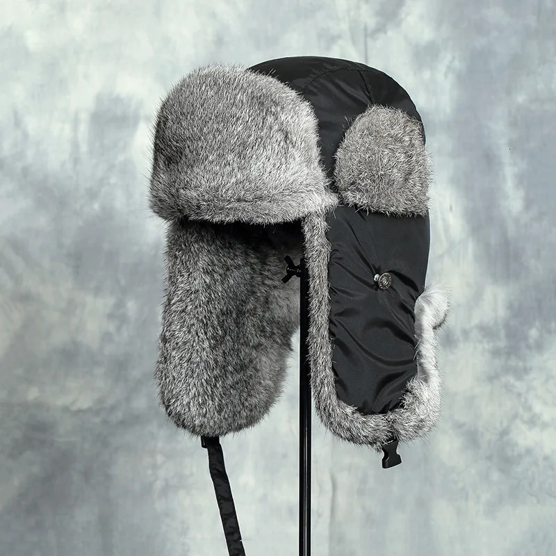 Mens unisex warm hunting device pilot cavalry earmuffs winter warm flap ski hat bomber hat 100% natural real rabbit fur hat 241031