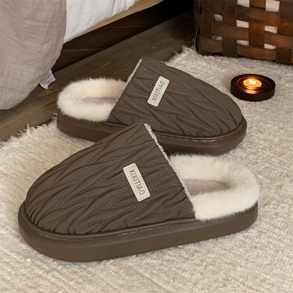 Men's winter toe pack Warm cotton slippers Fashion pleated soft sole slip men's indoor floor flat home non-slip shoes