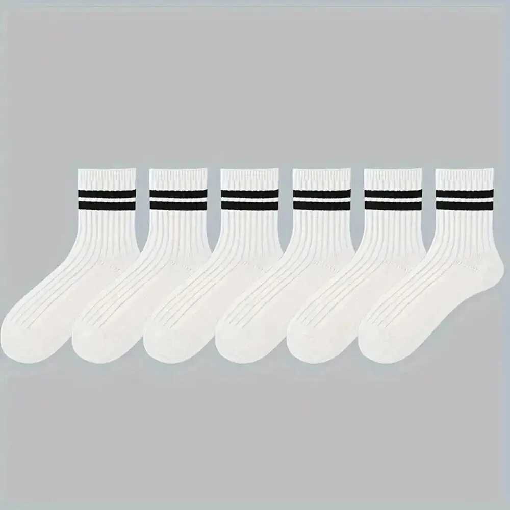 6 Pairs Mens Spring Autumn Simple Casual Black White Striped Breathable Mid Tube Sock High-quality Round Neck LX241102