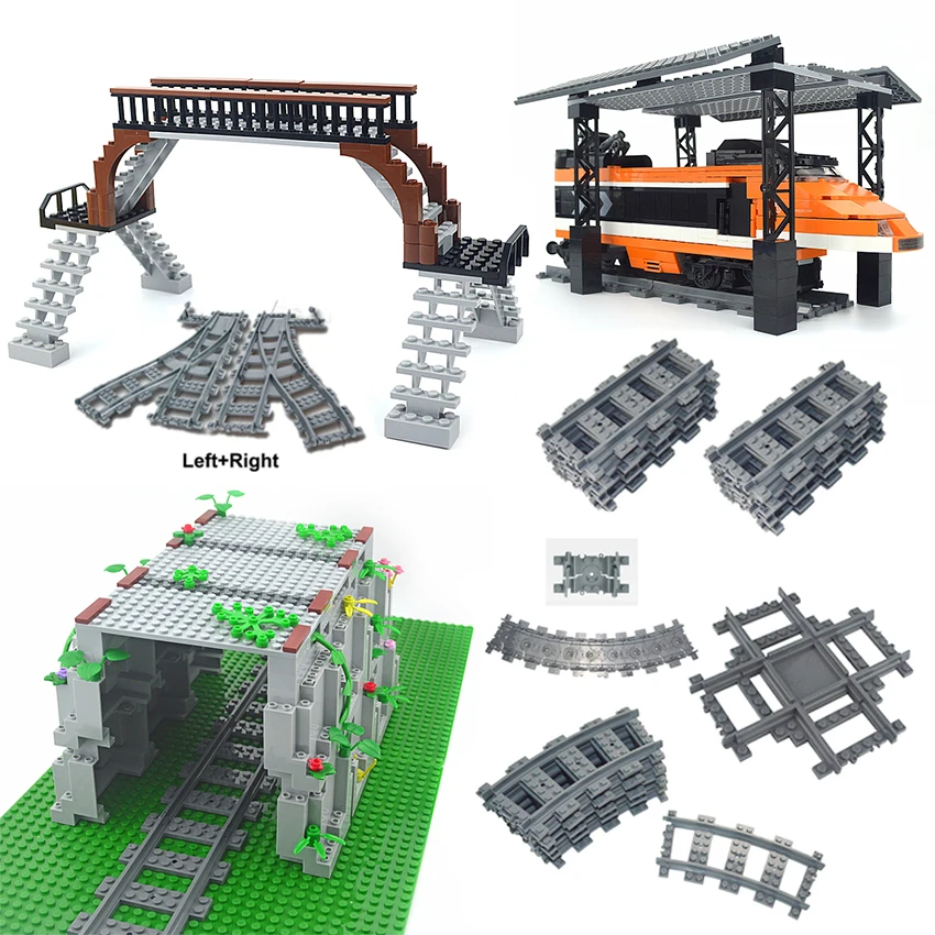 City Train Track Rail double layer Track Model Bricks straight curved soft Flexible Switch Uphill Railway Building Blocks kids