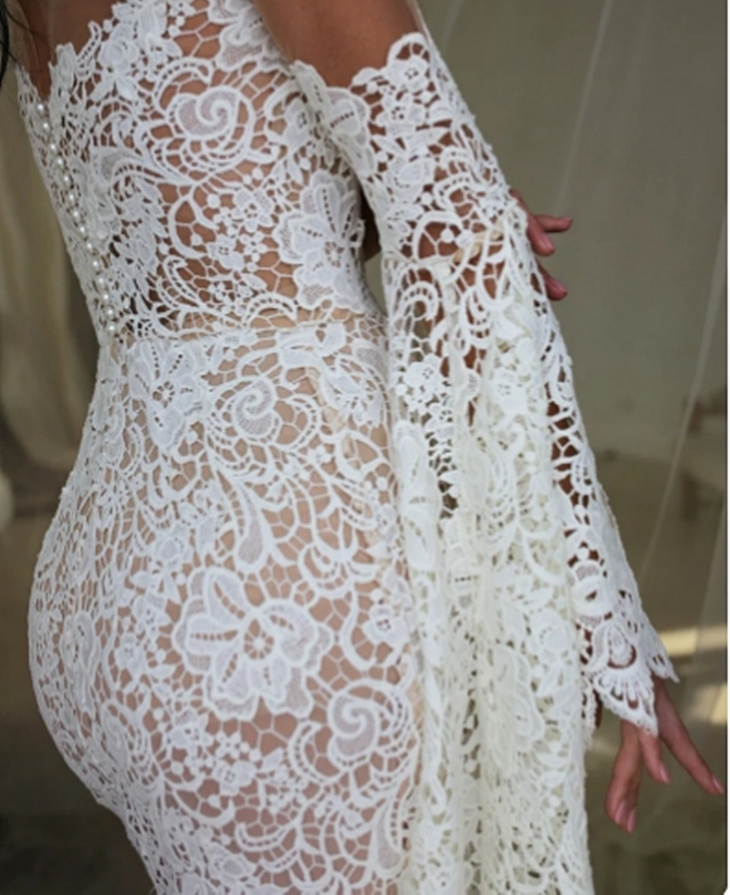 Full Lace Mermaid Wedding Dresses With Flare Sleeves Long Boho Beach Bridal Gowns Illusion Jewel Neck Chic Vestido De Novia