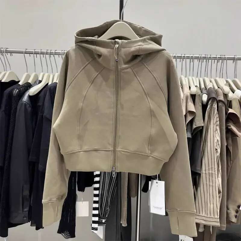 2024 Zipper Short Solid Color Sweatshirt New Korean Haruku Style Casual Versatile Loose Slim Hooded Jacket Women's Tops
