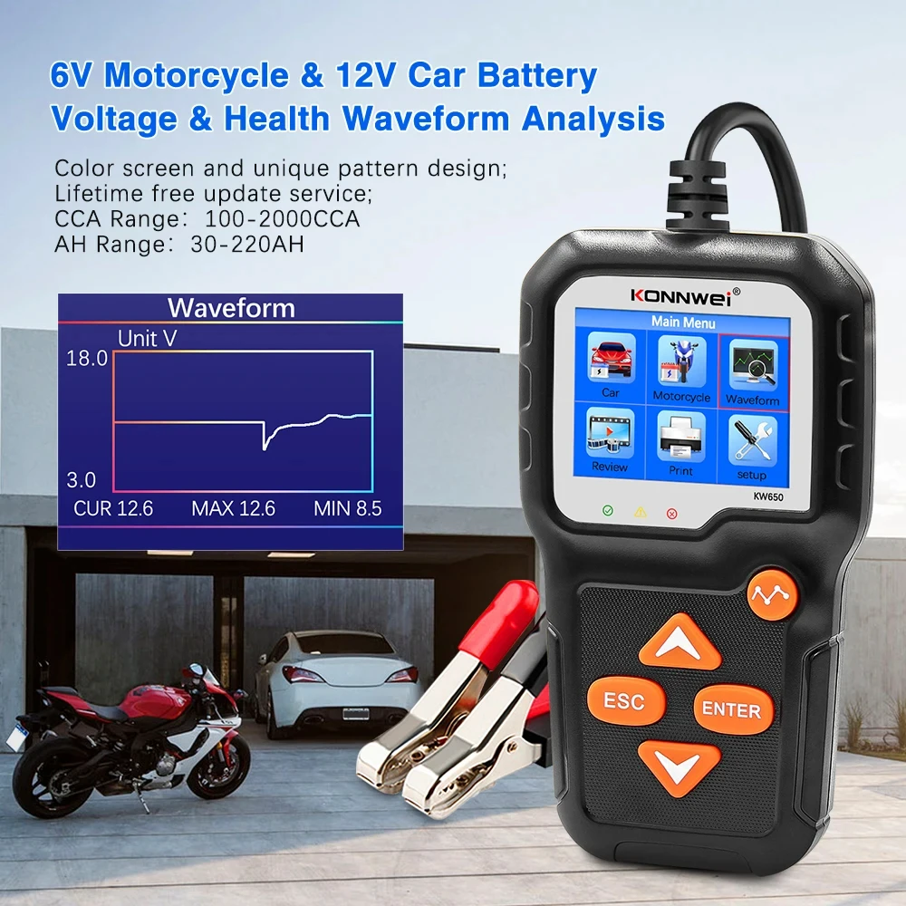 KONNWEI KW650 Car Battery Tester KW218 6V 12V Motorcycle Auto Analyzer 100-2000CCA Car Moto Cranking Charging Test Tool PK KW510