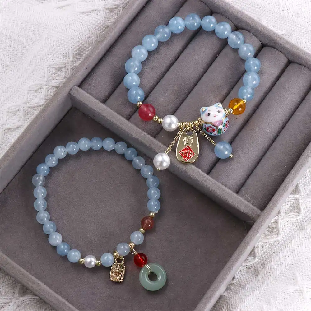 Blue Pearl Crystal Lucky Cat Pendant Jade Beaded Bracelet Bracelet Simple Ceramic Maneki Neko Retro Ethnic Style Bracelet