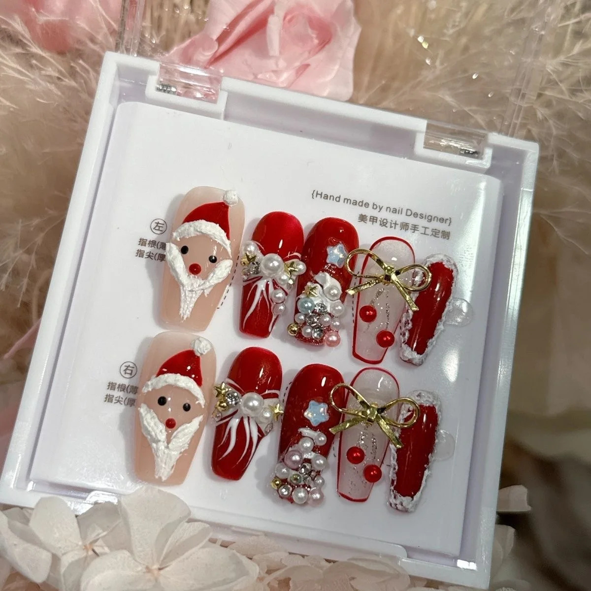 10 pieces of red green white snowflake deer pressed nail glitter powder winter Christmas hat fake nail charm fake nail art ergonomics 241031