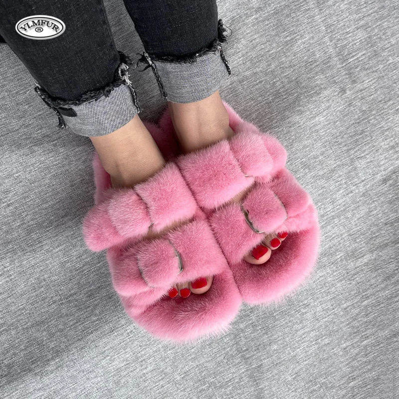 Summer womens slippers 100% mink fur womens slippers flat shoes soft and comfortable ious fur slippers sandals 241031