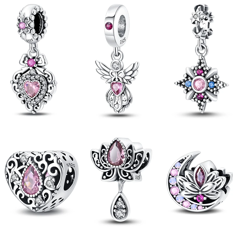 925 Sterling Silver Classic Purple Retro Heart Shape Lotus Angel Pattern Charms Beads Fit Pandora Original Bracelets DIY Jewelry