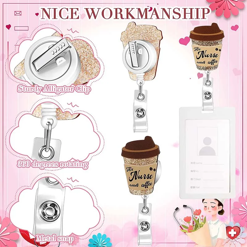 New Glitter Acrylic Nurse Double Chill Pill Badge Reel Retractable ID Badge Holder With 360 Rotating Alligator Clip Name Holder