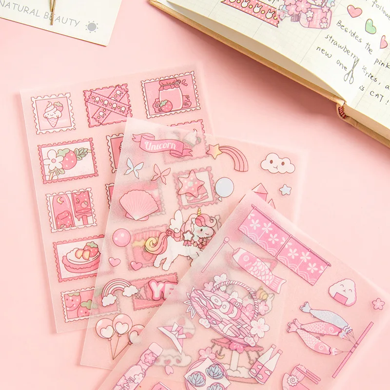 Kawai 4Pcs Pink PET Decorative Stickers Pack Scrapbooking Stationery School Supplies Korean Stickers