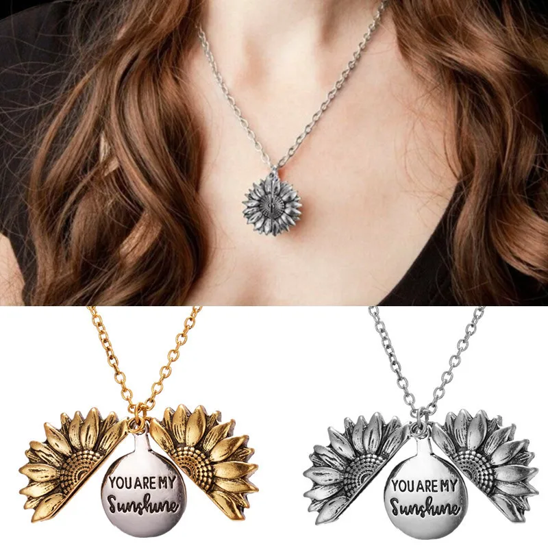 New European and American Sunflower Necklace Opening Alloy Pendant Engraving YOUARE MY SUNSHINE