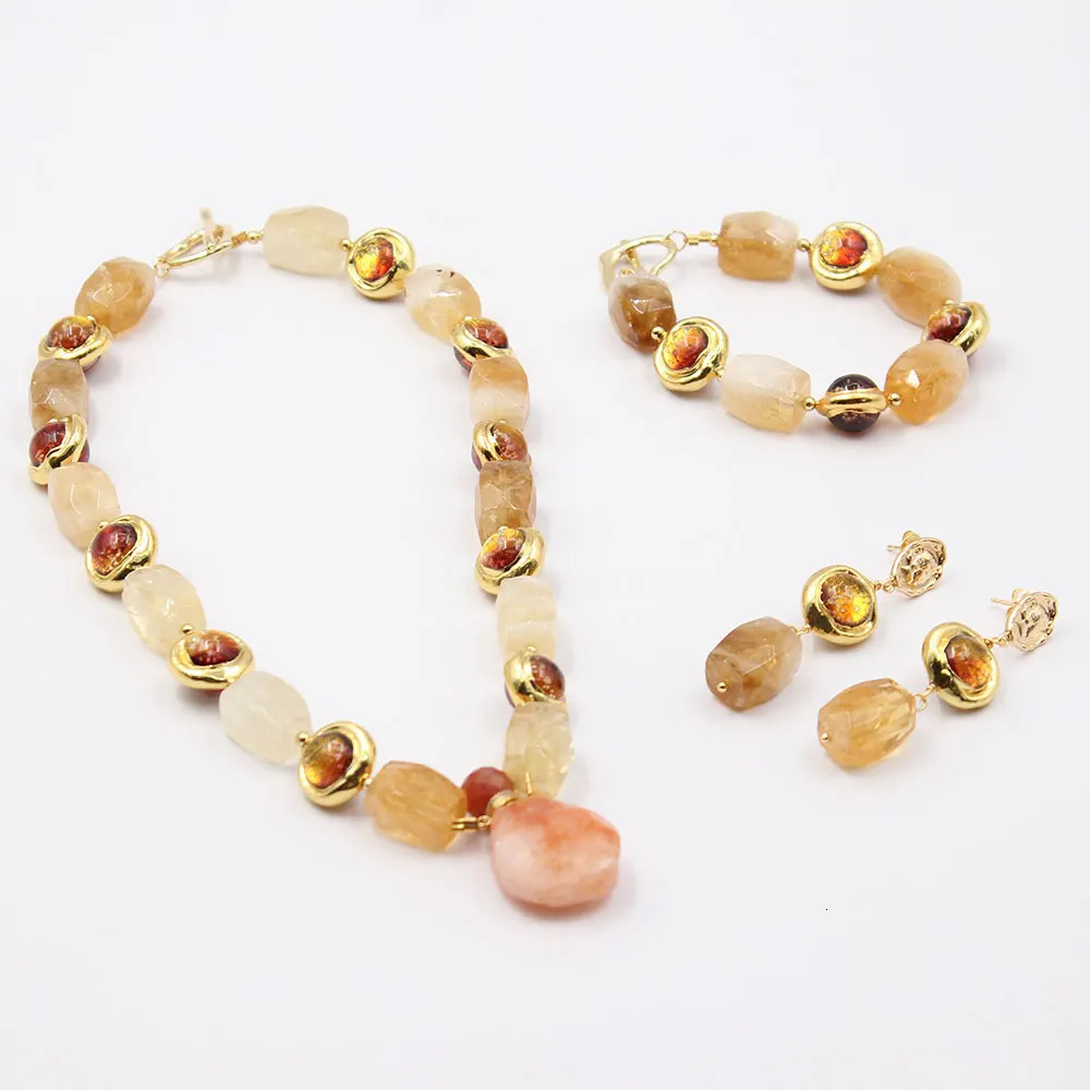 GG Natural Yellow Citric Acid Amber Moss Glass Necklace Scales Chromic Acid Quartz Pendant Bracelet Earring Set 241031
