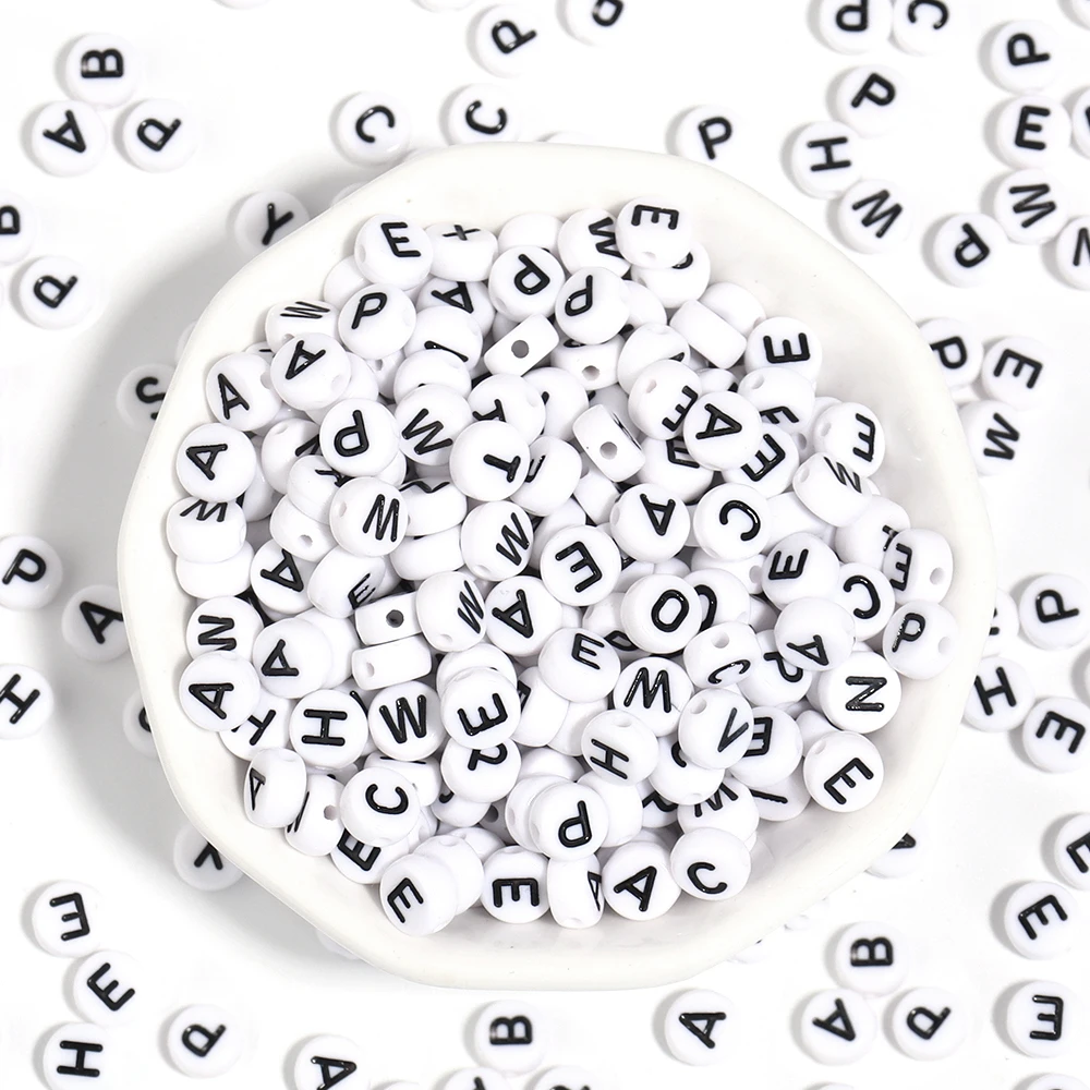 100pcs/Lot Oblate Acrylic Letter Beads Single Alphabet White Round Spacer Bead for Jewelry Making Handmade DIY Bracelet Necklace