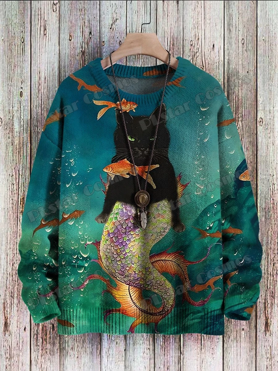 Cute Cat & Halloween Ghost Swing Retro Art Pattern 3D Printed Men's Knitted Pullover Winter Casual Knit Pullover Sweater ZZM73