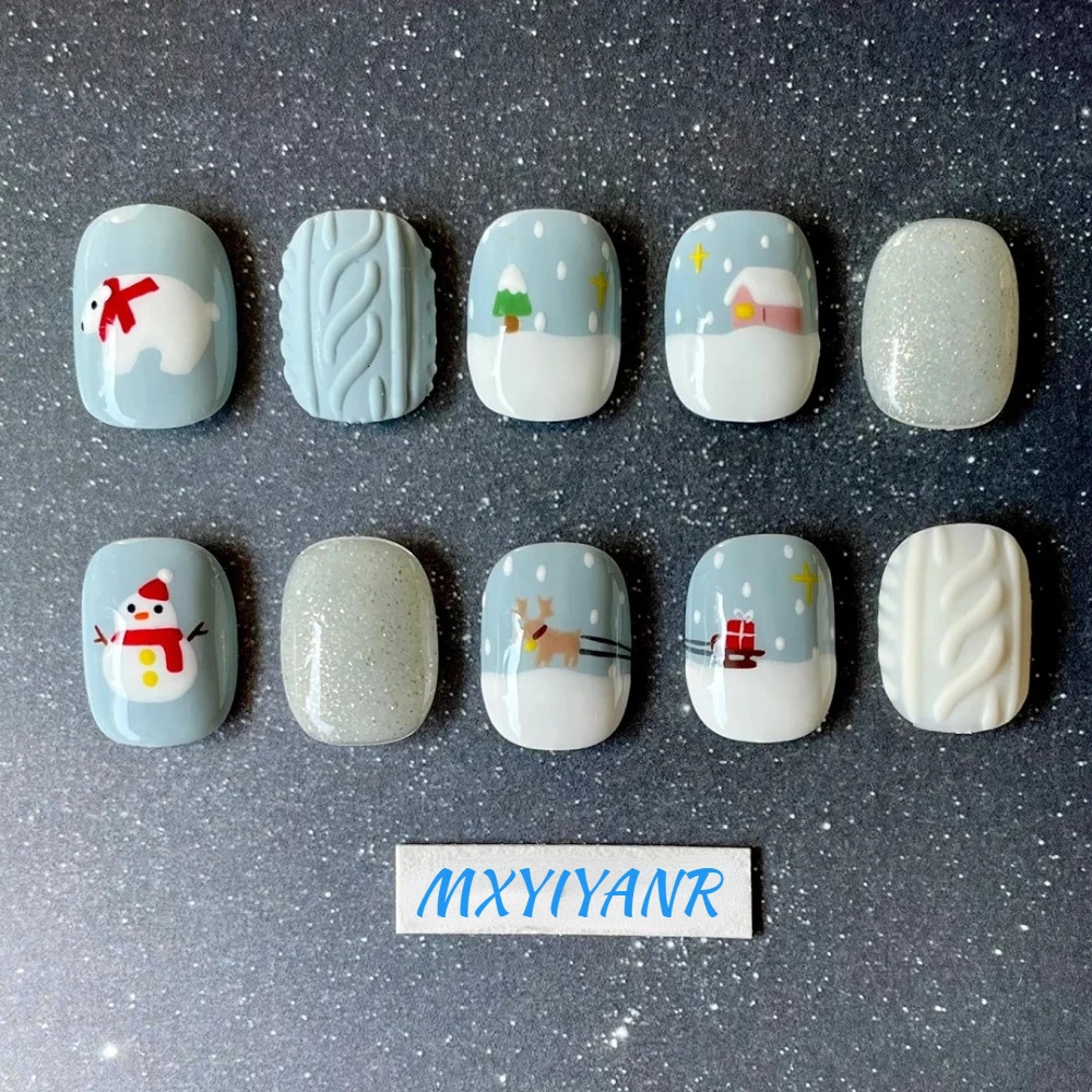 10 Handmade Pressing Nails Christmas and Year Nails Blue Cute 3D Square Limited Fake Nail n Art DIY Nail Set 241031